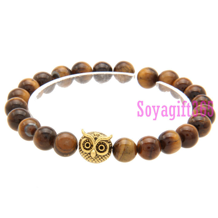 Tigers Eye Bracelects, Alloy with Tiger Eye, Owl ,Yellow, 8mm,Length:Approx 8inch,sold By strand.