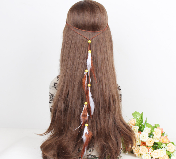 Hand made faux cords feather hair band  brown and white color