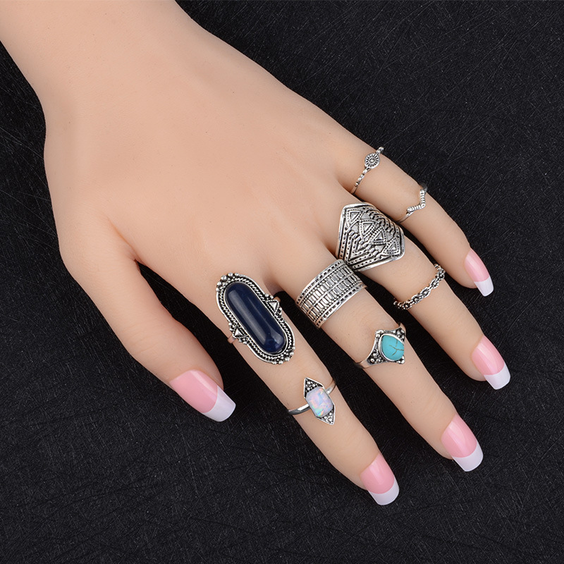 Punk Vintage Blue Stone Knuckle Ring Set White Opal Knuckle Rings BOHO Jewelry