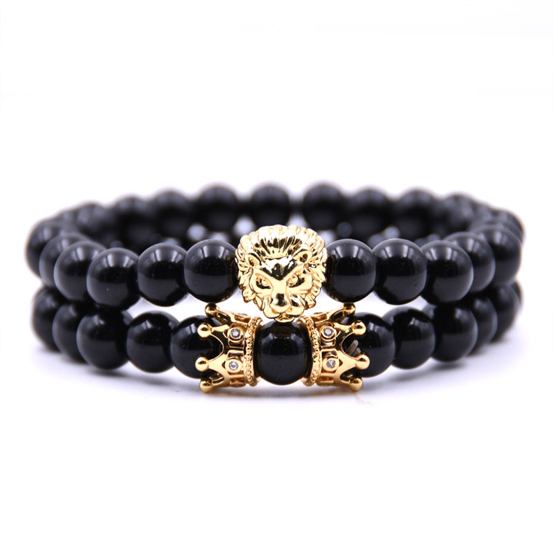 Gemstone elastic black stone  lion head pave zirconia bracelets gemstone bracelets