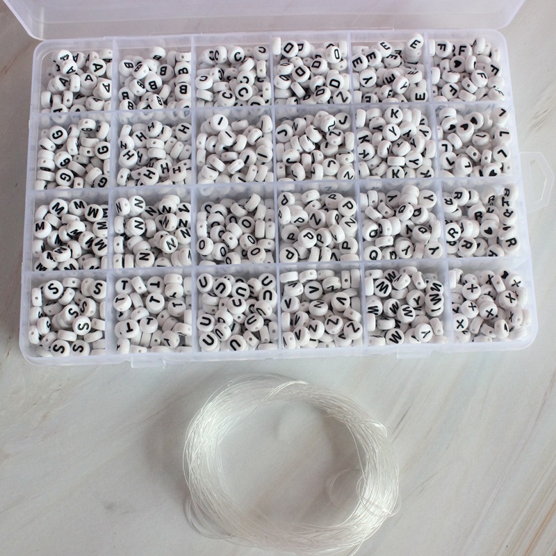 6mm Square Acrylic Big Hole Letter Beads Single Letter Set 1200 Boxed A-Z Black Beaded Line on White Background