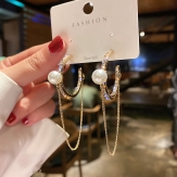 Silver needle geometric pearl earrings with diamond earrings Long Chain Earrings